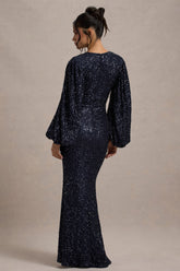 Navy Sequin Plunge-Neck Maxi Dress